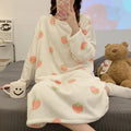 Ladies Nightwear Nightdress Autumn and Winter Coral Velvet Long Sleeve Plaid Dress Striped Student Flannel Dress Large Size White4