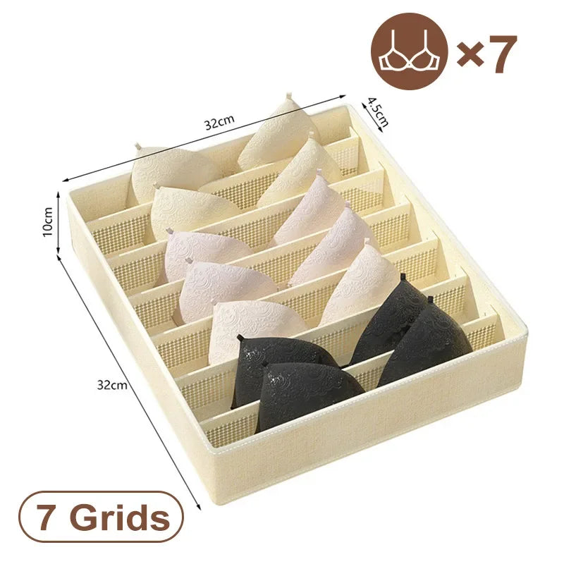 Fabric Bra Drawer Organiser for Sports Bras Socks and Underwear 7grids-beige