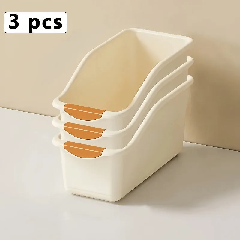 3-Piece Curved Design Storage Box - Heavy-Duty Plastic Organizer, Suitable for Organizing Under Sinks Food Cabinets and Cabinets 3 Pcs Cream