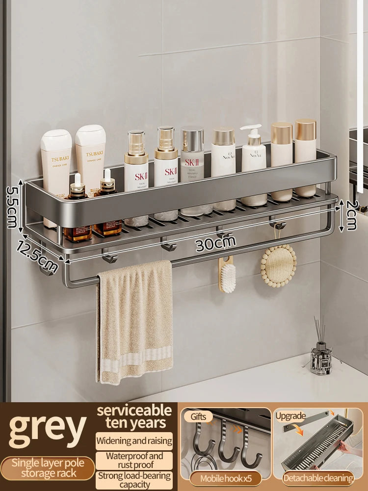Aluminum Kitchen Rack Kitchen Shelf Toilet Storage No Drill Hanging Rack Bathroom Organizer Hang on the Wall Kitchen Upgrade 30cm gray 1 Tier