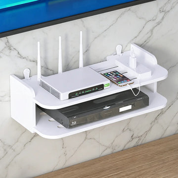 2 Tier Wall Mounted Router Shelf with Hooks for Cables and TV Box