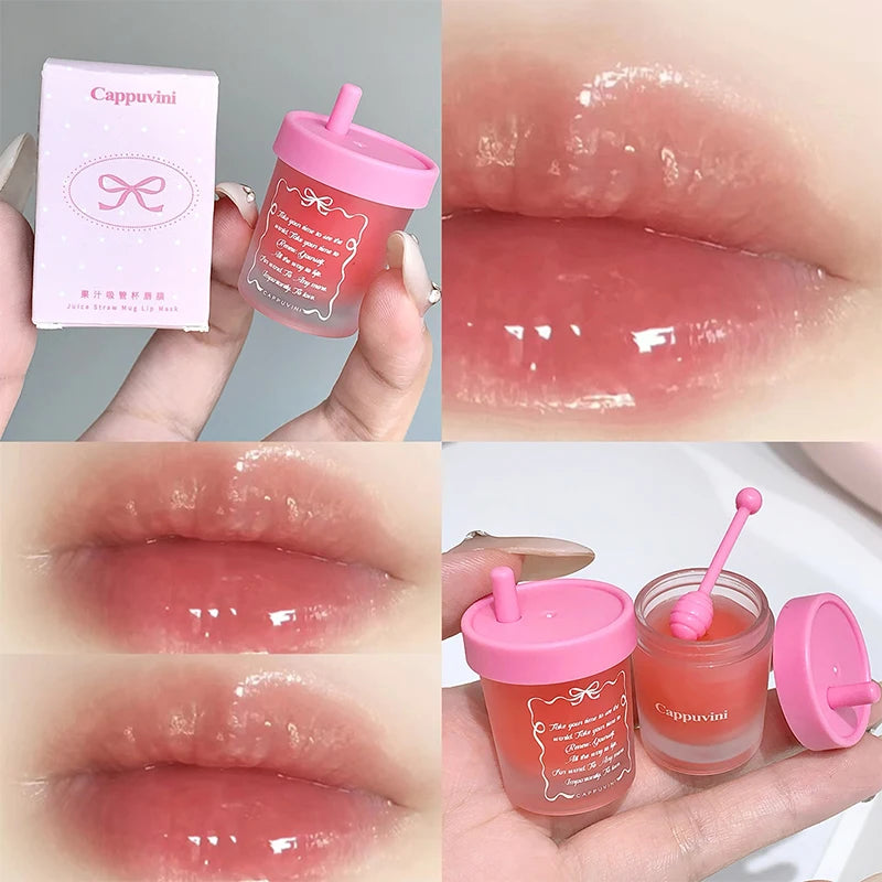 Cappuvini Juice Straw Cup Lip Mask Fruit-Flavored Lip Care Moisturizing for Day and Night in Autumn and Winter Prevents Chapped Lips Long-Lasting Moisturizing Improves Lip Lines Deeply Moisturizing Care High-Quality Lip Balm 02 Strawberry Flavor