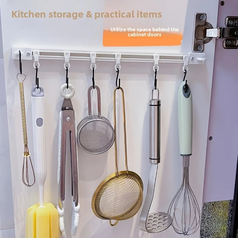 Kitchen Utensil Rail with Sliding Hooks for Cupboard Storage