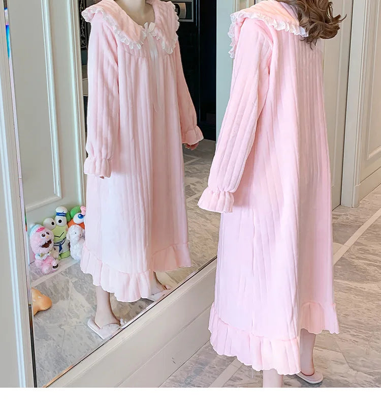 Womens Nightwear Nightdress Flannel Thickened Solid Colour Nightgown Doll Collar Student Warm Coral Velvet Ruffle Dress Robes Se