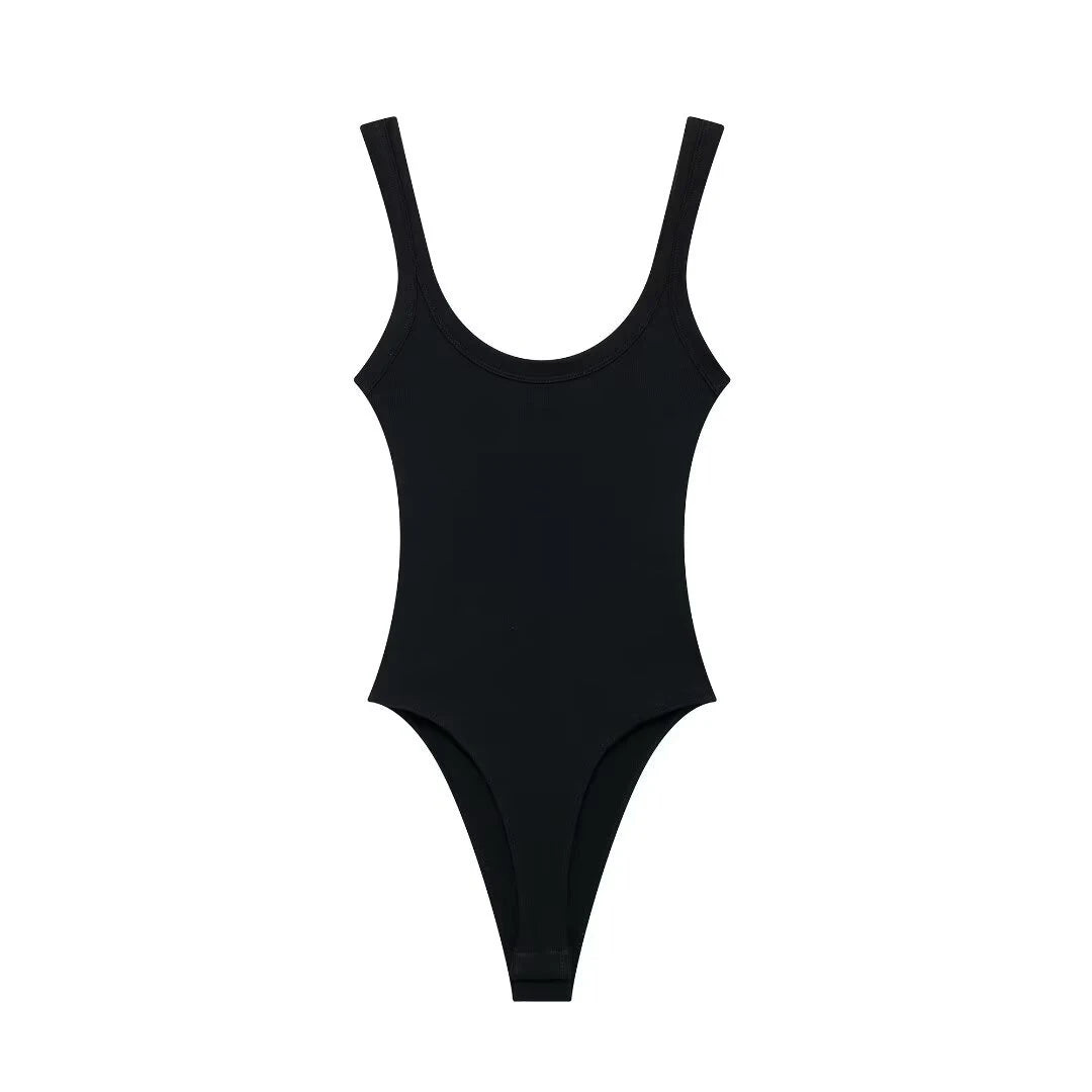 Women's Skinny Ribbed O-Neck Bodysuits with Straps Snap-Button Sexy Fashion Playsuits Comfortable Stretchy Female Clothing