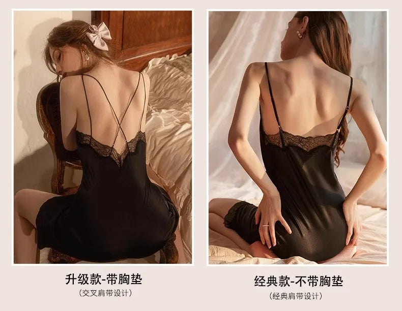 2025 Women's Lace Chemise Nightdress with Chest Pads, Ice Silk Suspender Nightgown for Autumn Winter
