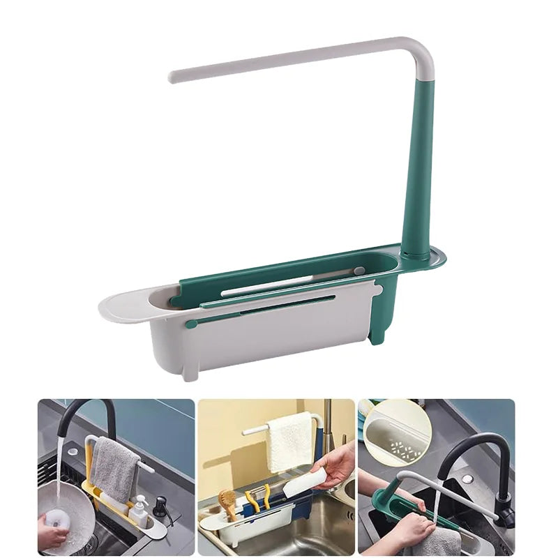 Telescopic Sink Organiser with Basket and Dishcloth Rail Green