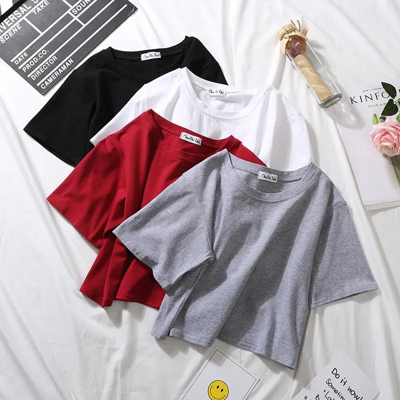 Women's Cotton Crop Top – Casual Loose O-Neck Summer Tee