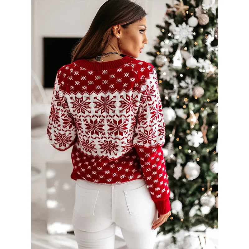 Women’s Christmas Snowflake Knitted Sweater – Cozy Winter Holiday Pullover, Long Sleeve O-Neck Festive Jumper for Casual & Fashion Outfits