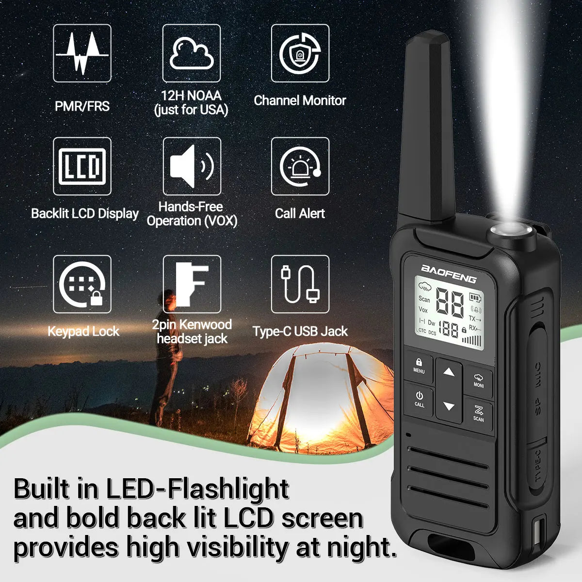 2pcs Baofeng F22 Mini Walkie Talkies - Long Range, Waterproof, Rechargeable, Kids Two-Way Radio with Type-C Charging for Camping & Outdoor Adventures - Dicrodelights