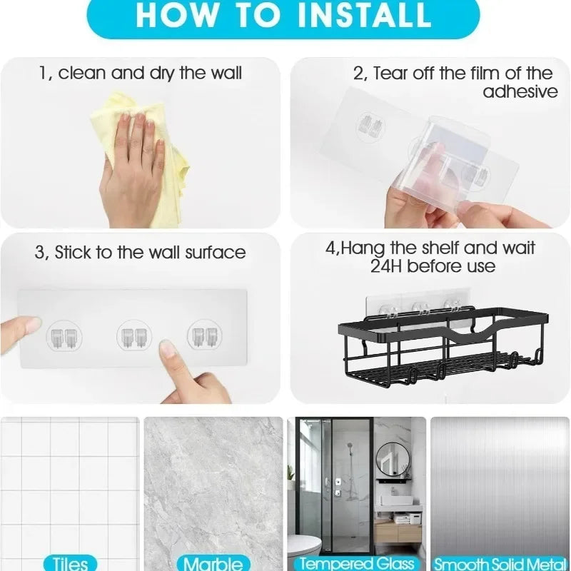 Iron No Drill Shower Caddy with Drainage and Storage Hooks
