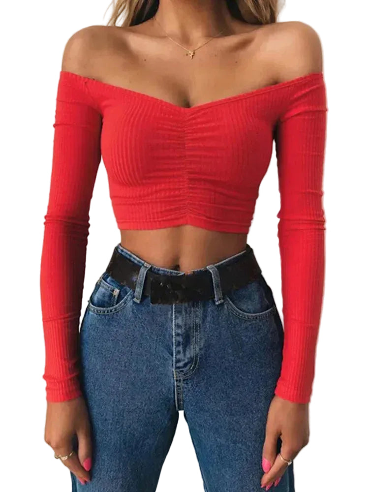Off Shoulder Long Sleeve Top Women – Sexy Club Tee Red