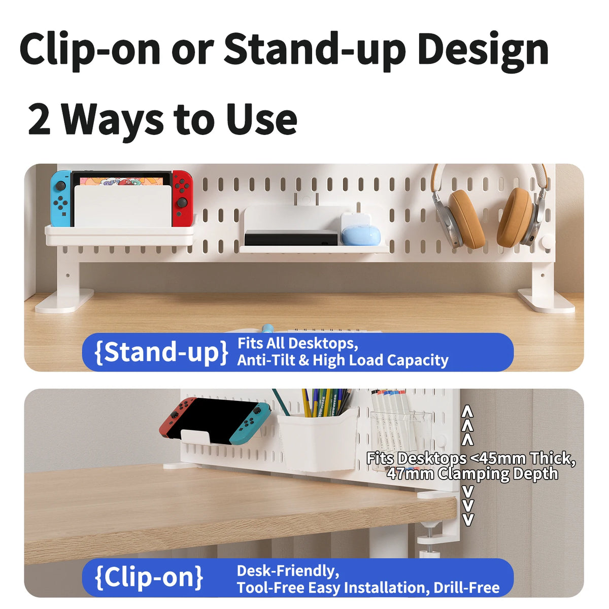 Home Storage Pegboard – 2 Mounting Options (Stand or Clamp-On), Perfect for Desk Organization of Stationery/Daily Items
