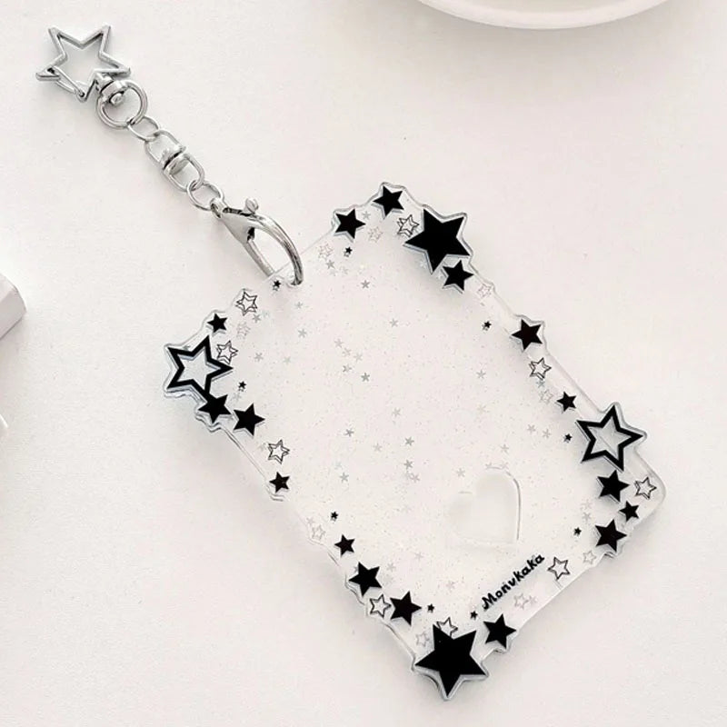 Kpop Photocard Holder with Star Border and Bag Charm Clip Black