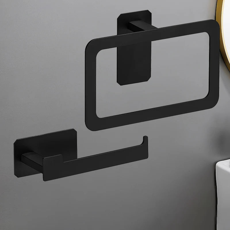 No Drilling Matte Black Bright Sliver Stainless Steel Towel Bar Towel Ring Roll Paper Holder Robe Hook Bathroom Accessories Set Black 2pcs Set