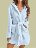 1 piece of women's solid color hooded robe with belt, cozy and warm fleece pajamas for home wear in autumn and winter. SKY BLUE