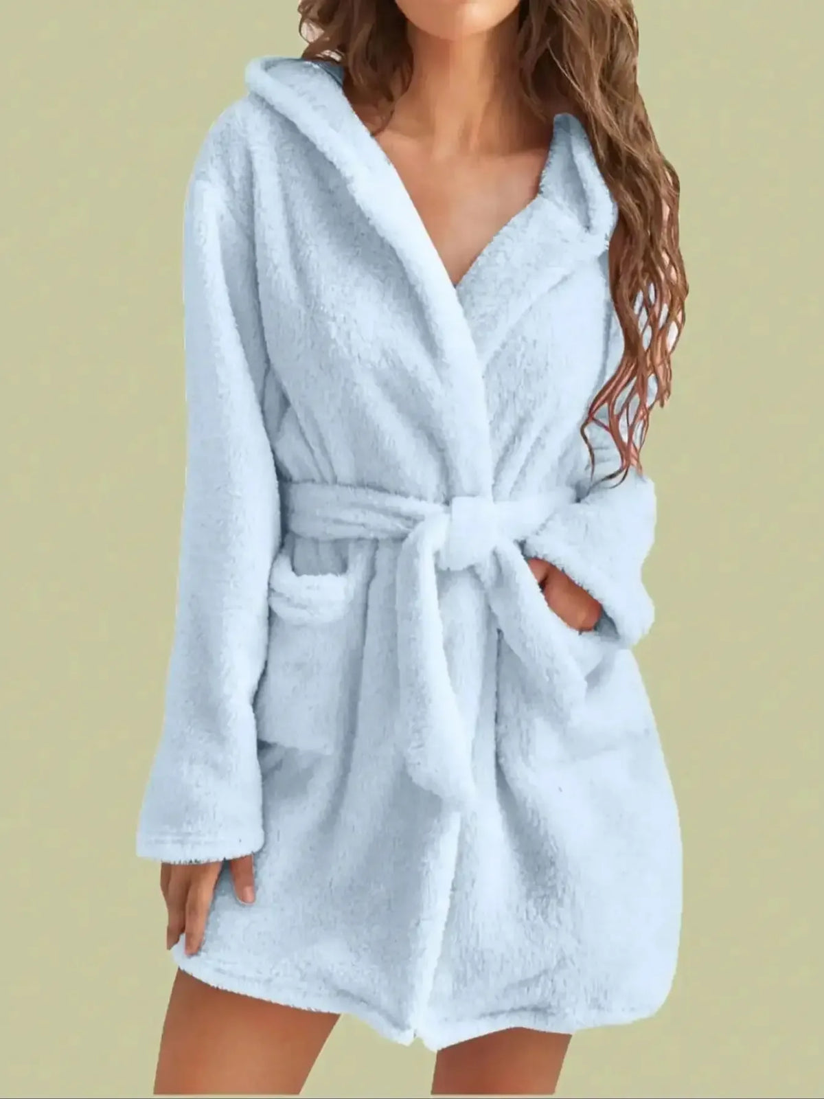 1 piece of women's solid color hooded robe with belt, cozy and warm fleece pajamas for home wear in autumn and winter. SKY BLUE