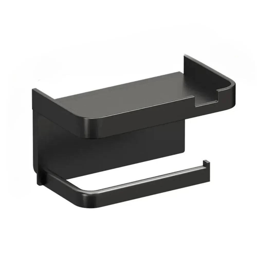 Plastic Adhesive Toilet Roll Holder with Phone Storage Shelf Black