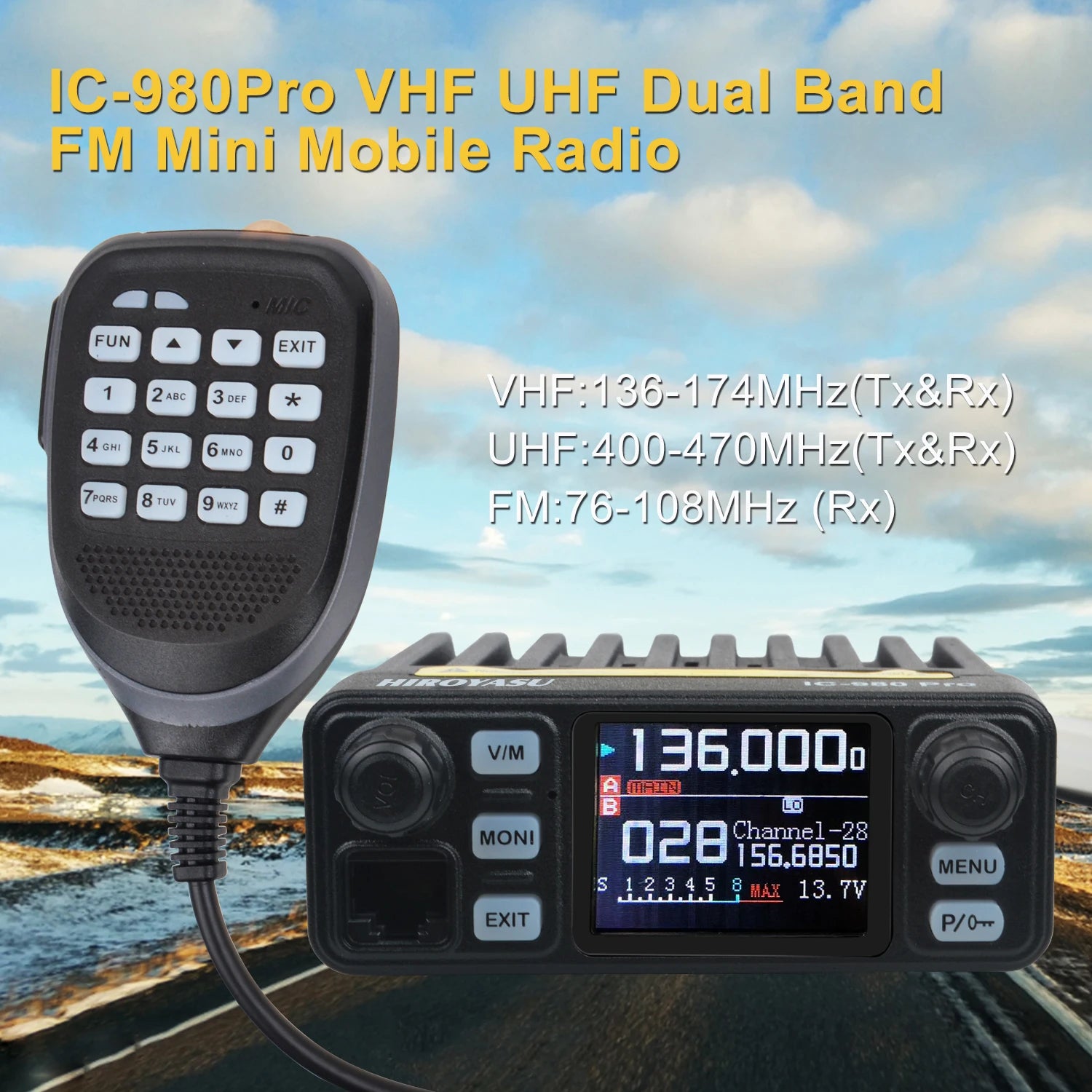 Mobile Radio HIROYASU IC-980Pro Transceiver UHF VHF Dual Band Dual Watch 25W 200Ch Background Noise Reduction Vox FM Walky Talky