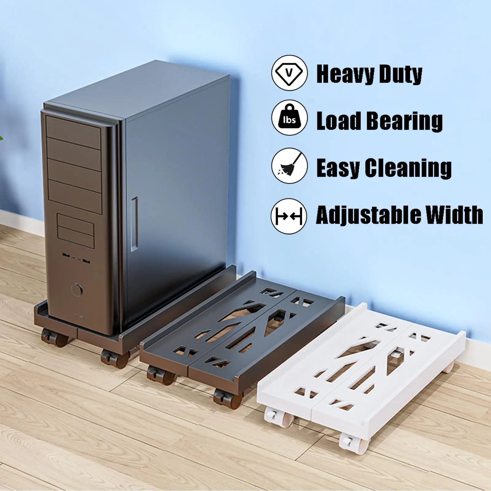 Adjustable mobile CPU stand with 4 wheels for under-desk PC storage – ventilated design keeps computer cool and organized.