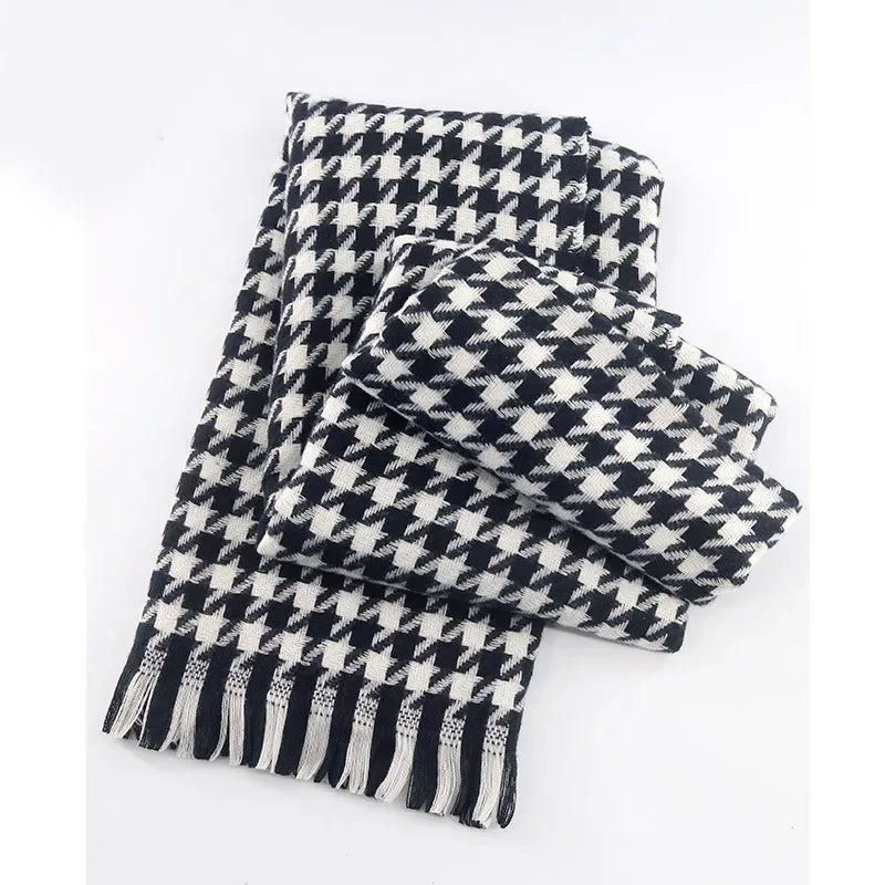 Women's Cashmere Winter Scarf – Thick Knitted Warm Shawl Houndstooth Black]]