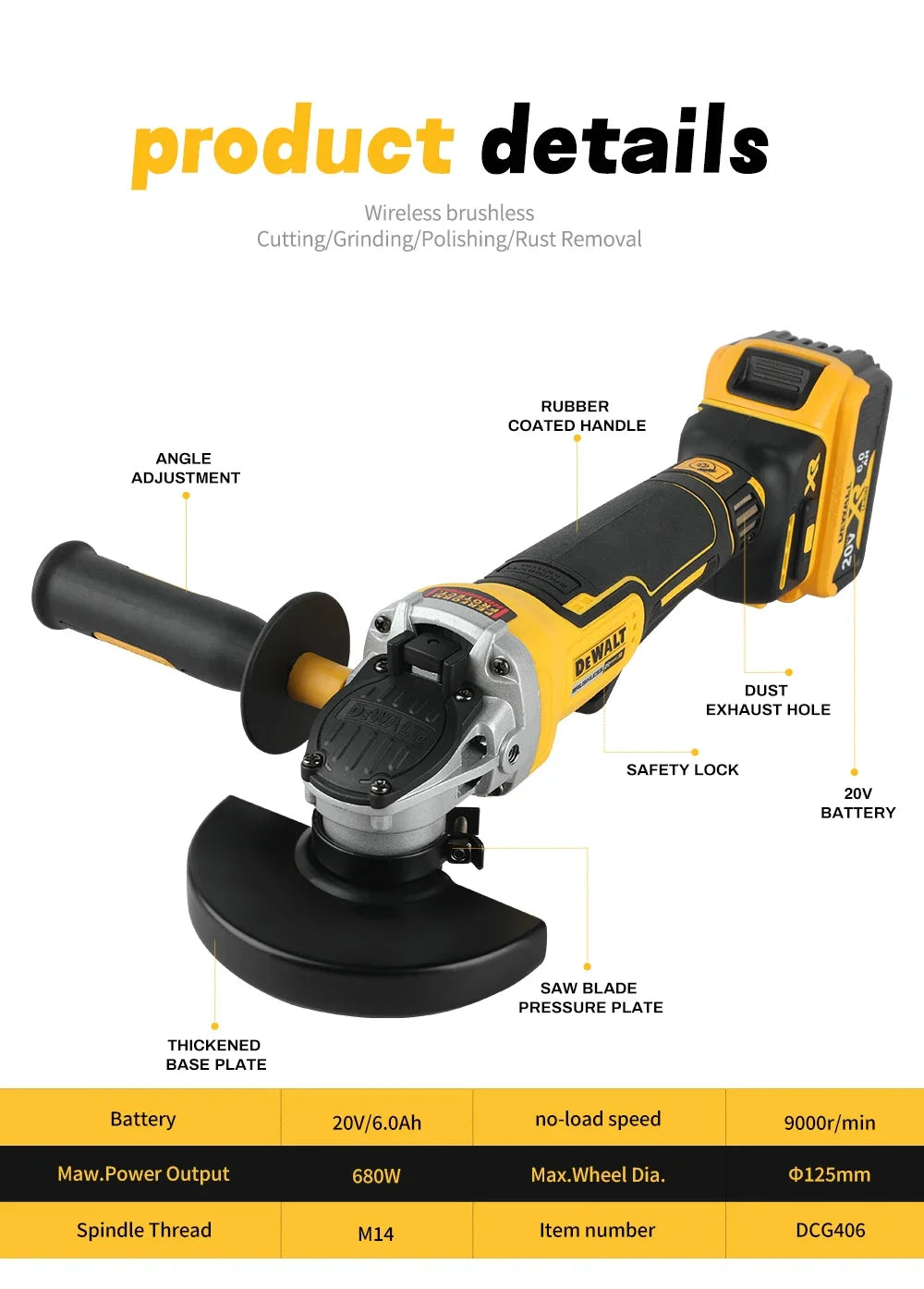 DEWALT DCG406 20VCordless Angle Grinder:1000rpm125mm wheel,M14 spindle9000/min speed,680W power.For construction,DIY&industrial