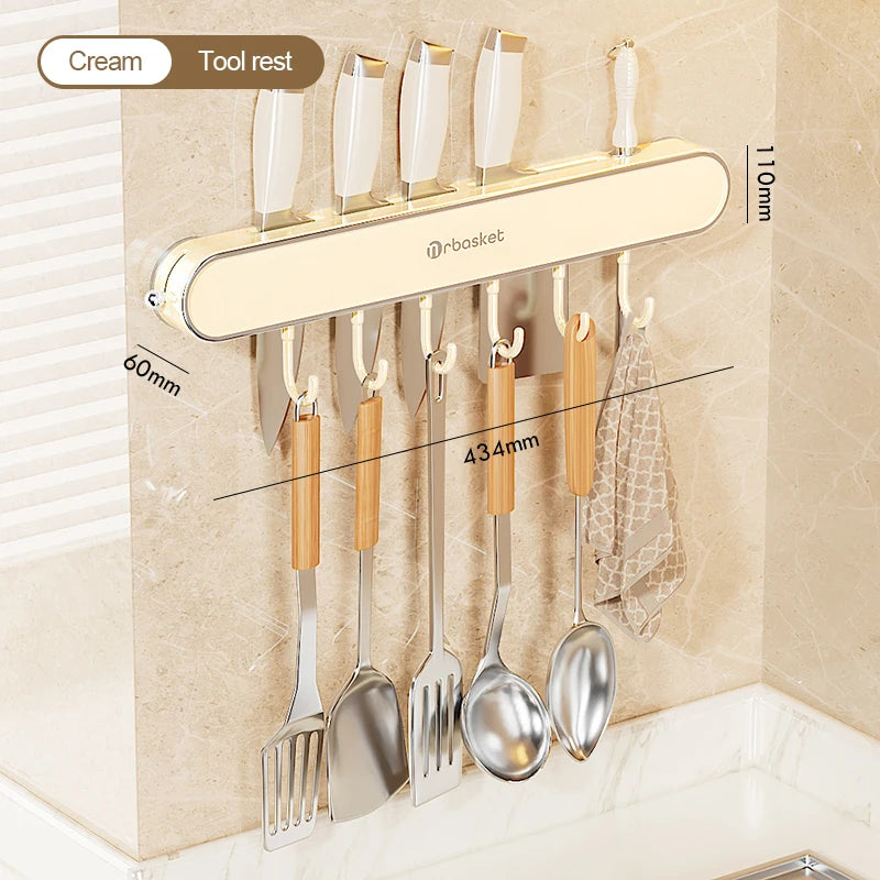 Kitchen Shelf Multifunctional Storage Rack Wall Mounted Non Perforated Suction Cup Household Storage Beige 2 M 1-tier