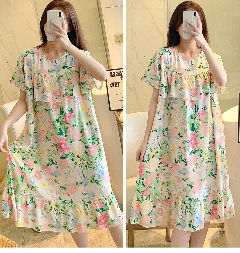 Sexy Nightwear Women Icy Floral Pattern Women Pajamas Dress Butterfly Print Student Sleepwear O- Neck Lace Mid-Length Nightgown