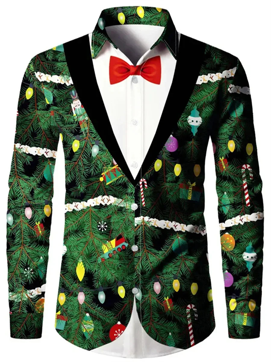 Men’s Christmas muscle suit shirt with 3D Christmas tree print, festive long sleeve holiday shirt for men
