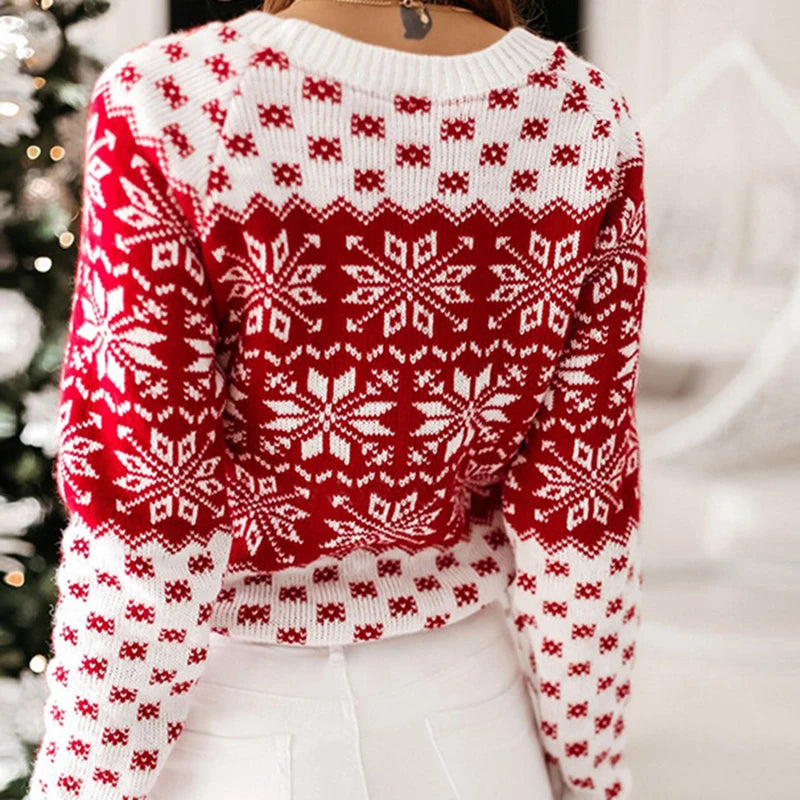 Women’s Christmas Snowflake Knitted Sweater – Cozy Winter Holiday Pullover, Long Sleeve O-Neck Festive Jumper for Casual & Fashion Outfits