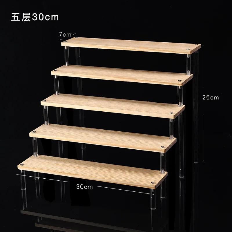 Tiered Display Stand for Figures with Clear or Wood Effect Shelves 5 tier 30x7cm
