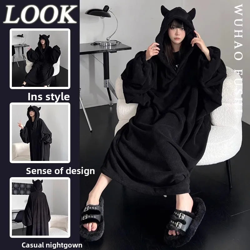 Ins Winter Thiened Coral Fce Pajamas Women's Spwear Hooded Fluffy Warm Nightgown Robe Long Sve Mid-Length Home Clo...