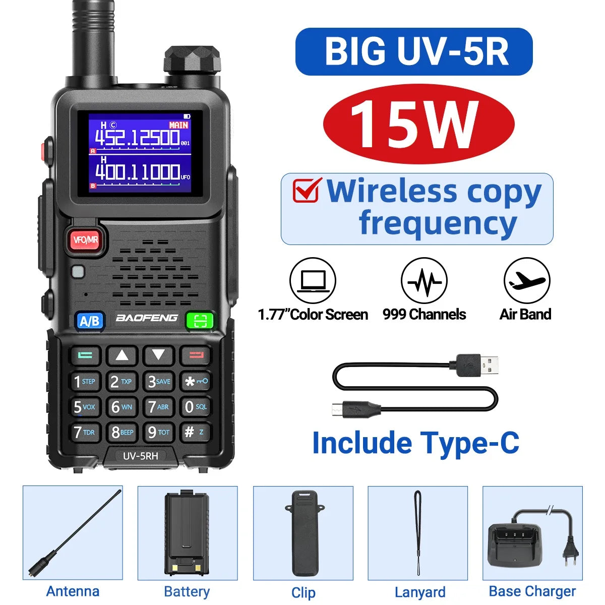 Baofeng UV-5RH 10W Walkie Talkie Long Range Ham Radio Type-C Charging Air Band Two-Way Wireless Transceiver - Dicrodelights