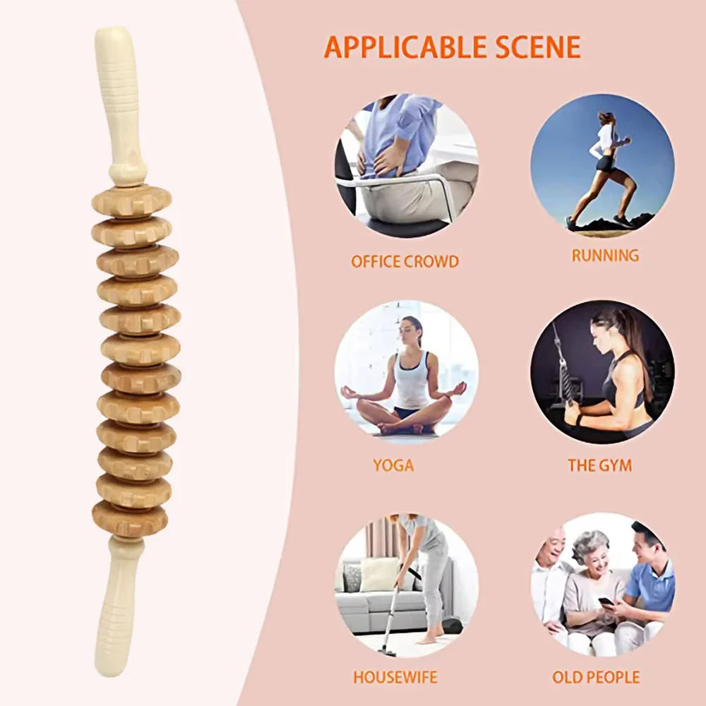 Body Fascia Massager Anti-slip Handle Wood Grooved Gear Arms Legs Thighs Buttocks Smooth Roller Massager for Back Relaxation