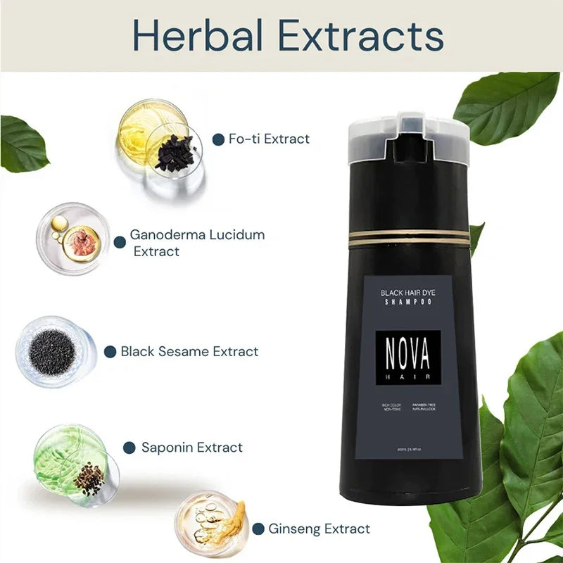 Nova 3-in-1 Black Hair Dye Shampoo for Men & Women – Instant Gray Coverage, Long-Lasting Natural Black Color