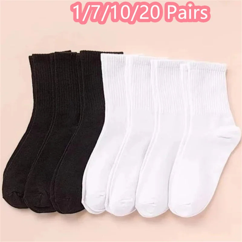 1/7/10/20 Pairs Mid Length Socks Women Classic Black White Solid Color Fashionable Casual Sports Absorbing Breathable Men Socks