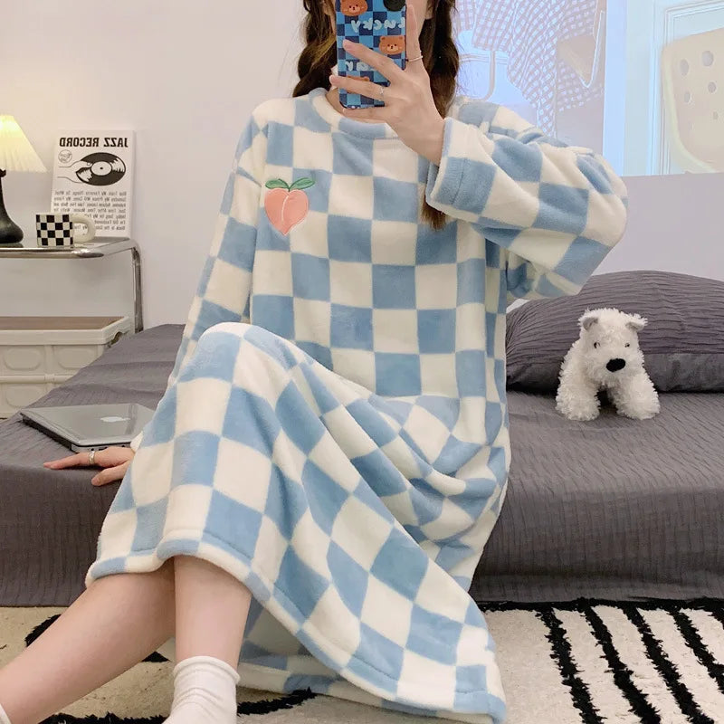 Ladies Nightwear Nightdress Autumn and Winter Coral Velvet Long Sleeve Plaid Dress Striped Student Flannel Dress Large Size