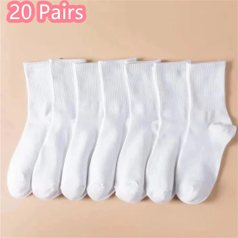 1/7/10/20 Pairs Mid Length Socks Women Classic Black White Solid Color Fashionable Casual Sports Absorbing Breathable Men Socks 20 Pair-1