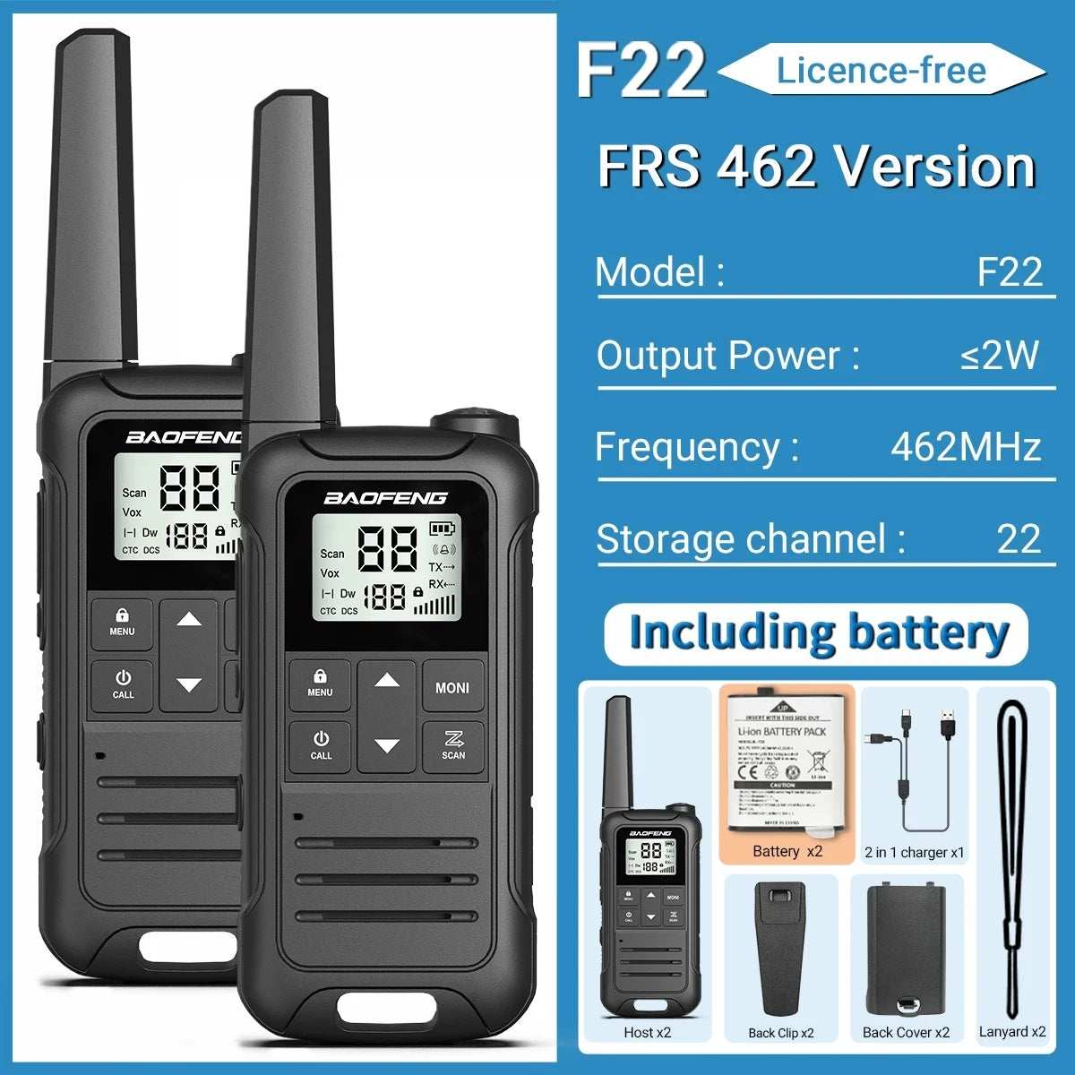 2pcs Baofeng F22 Mini Walkie Talkies - Long Range, Waterproof, Rechargeable, Kids Two-Way Radio with Type-C Charging for Camping & Outdoor Adventures - Dicrodelights