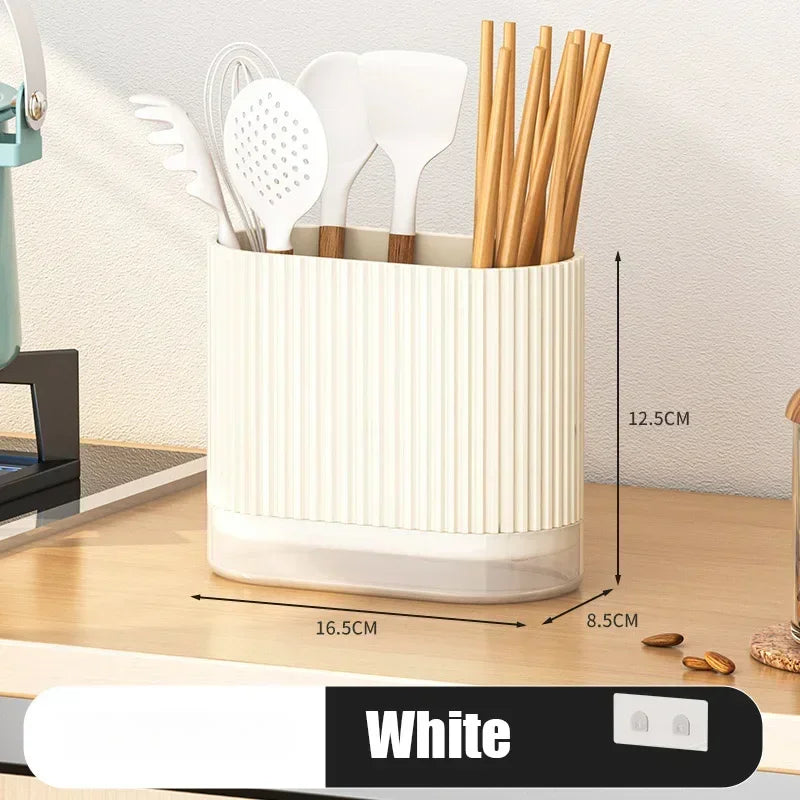 Kitchen Utensil Holder with Drip Tray and Two Compartments White