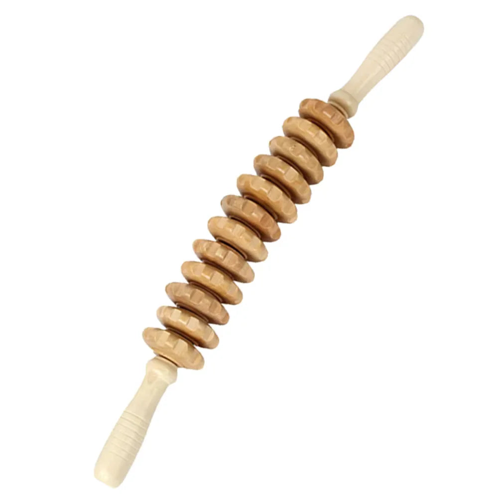 Body Fascia Massager Anti-slip Handle Wood Grooved Gear Arms Legs Thighs Buttocks Smooth Roller Massager for Back Relaxation Natural wood color