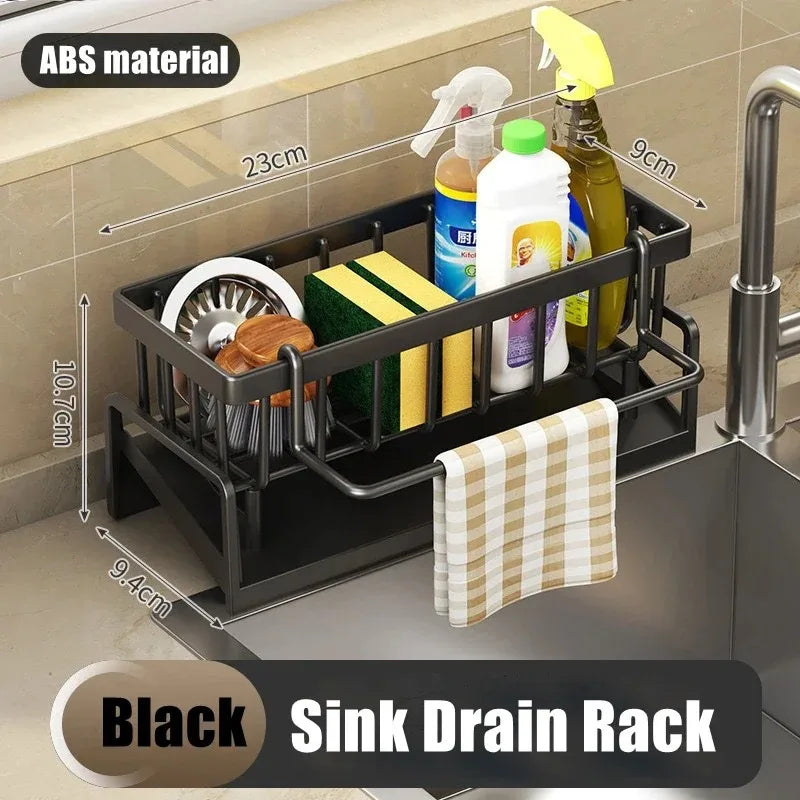 No-Punch ABS Kitchen Sink Shelf with Hooks Multifunctional Faucet Drainage Rack Adhesive Tap Organizer for Spice & Rag Storage ﻿ Black-A