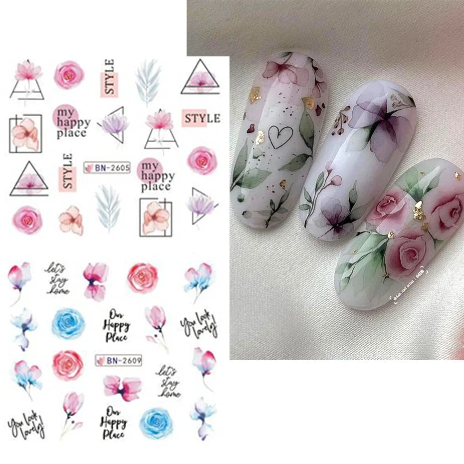 Close-up of 12PCS floral and cat-themed water transfer nail stickers on decorative sheets for summer nail art.
