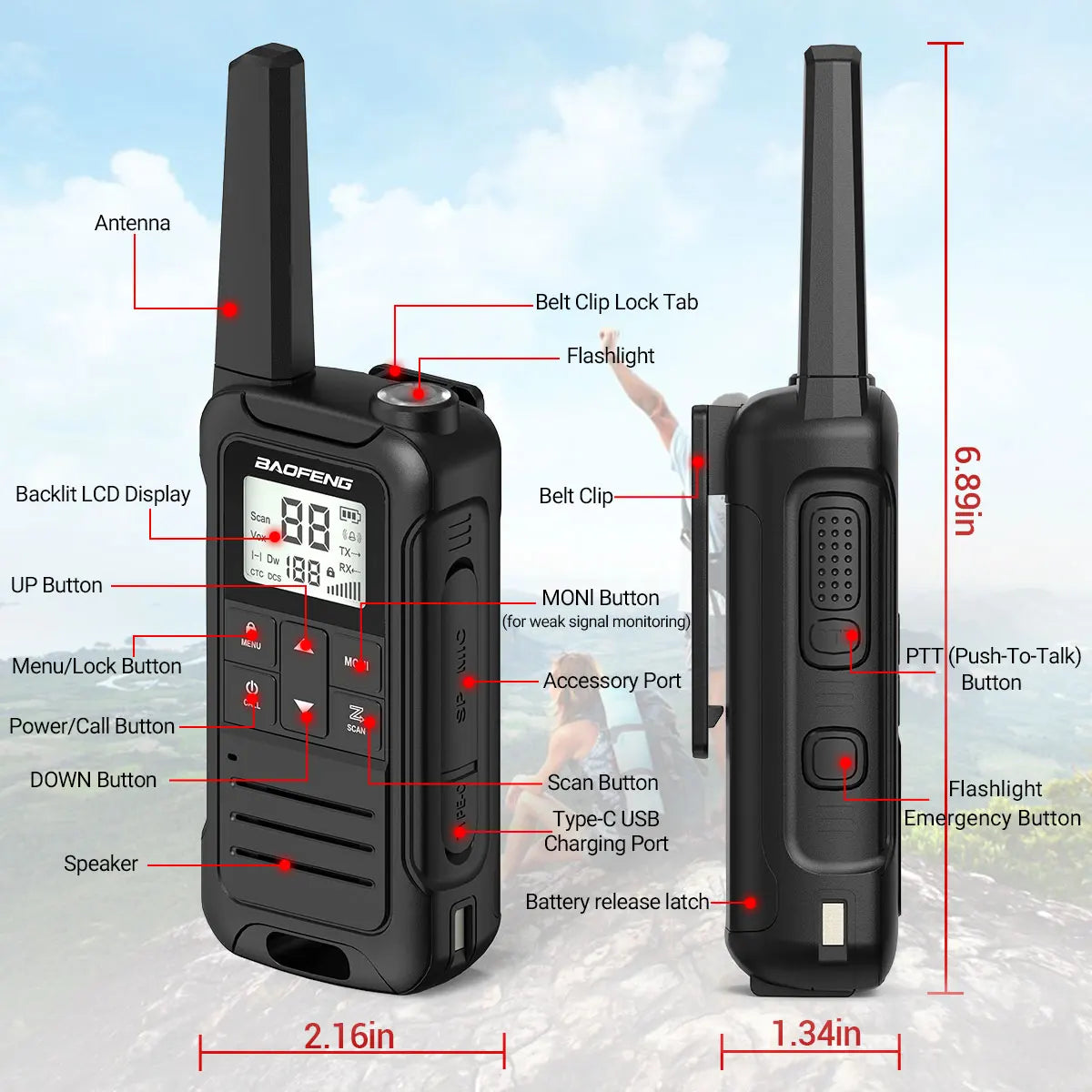 2pcs Baofeng F22 Mini Walkie Talkies - Long Range, Waterproof, Rechargeable, Kids Two-Way Radio with Type-C Charging for Camping & Outdoor Adventures - Dicrodelights