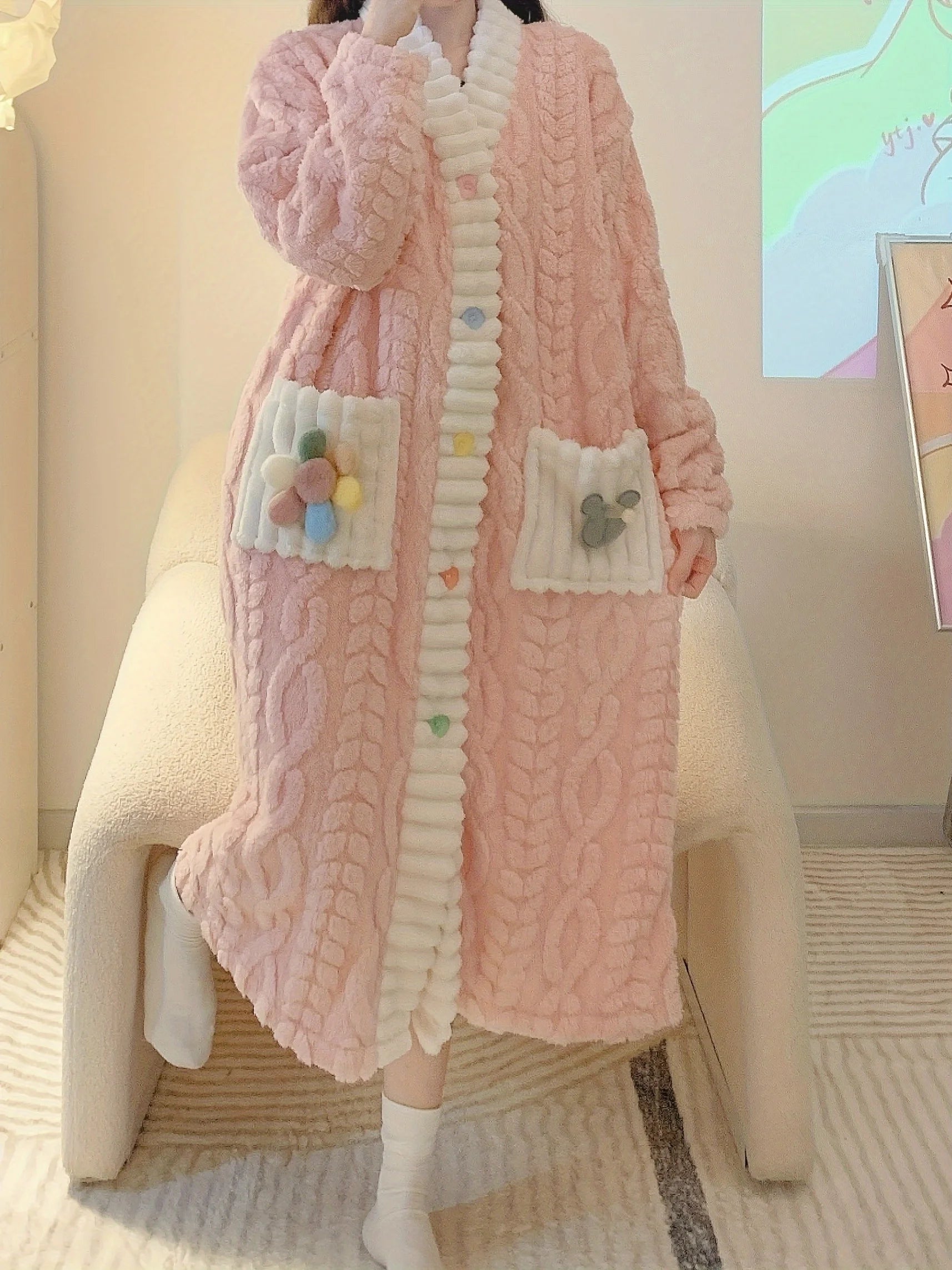 Cozy Plus Size Flannel Nightgown, Princess Style Long Sleeve with Pockets. Soft Pink for Fall/Winter. Shop Now! One Size Pink