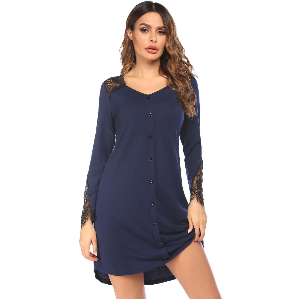Women's Long-Sleeve Nightgown for Autumn & Winter Pullover Version Lace Panel Craft Fake Placket Decoration Loungewear navy blue