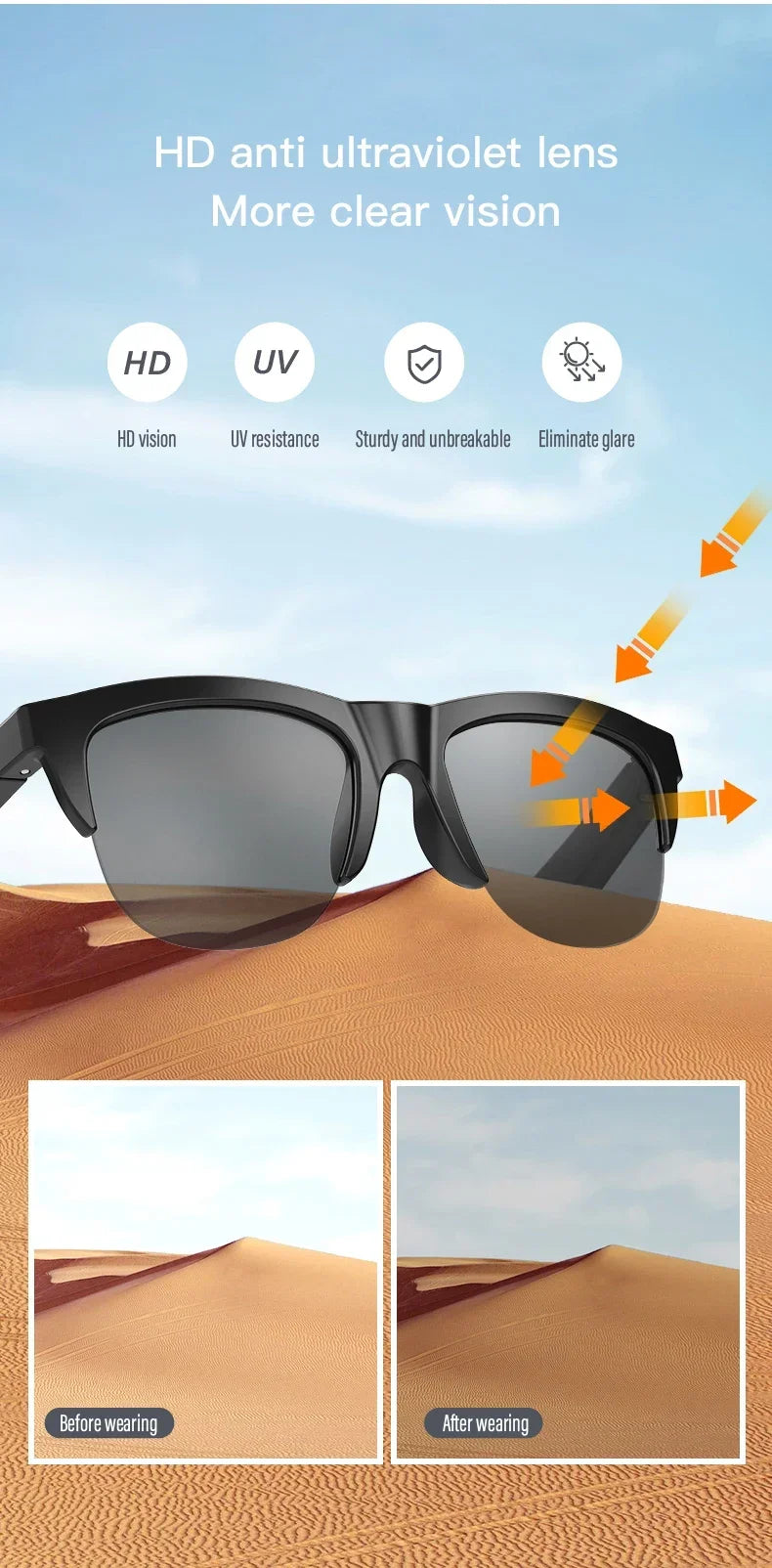 Smart Bluetooth Audio Sunglasses with Mic & UV Protection