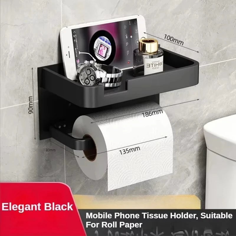 Aluminium Wall Mounted Toilet Roll Holder and Shelf Options black