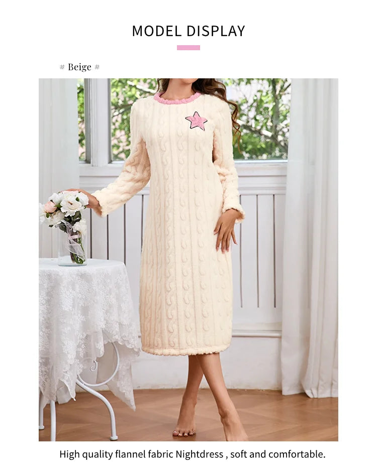 Women's Nightdress Winter Warm Nightgown Thicken Flannel Long Sleeved T-shirt Tops Soft Coral Fleece Pyjama Dress Home Clothing