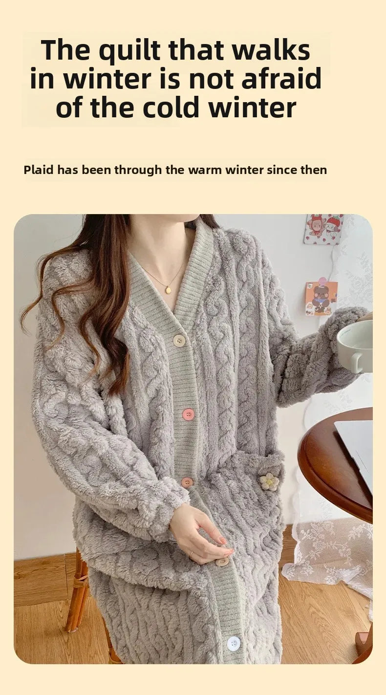 Thickened Flannel Sleepwear V-neck Home Clothes Women's Coral Fleece Robe Autumn Winter Patterned Fresh Flower Nightgown